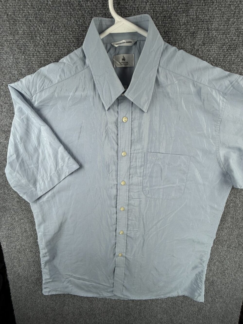 Lanvin Classique Button Up Shirt Blue Short Sleeve Size 42 Men Polyester Shiny